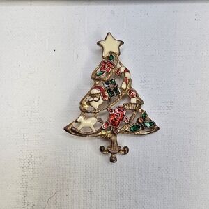 Vintage Christmas‎ Tree Brooch Pin Gold Tone Enamel Holiday Santa Toys